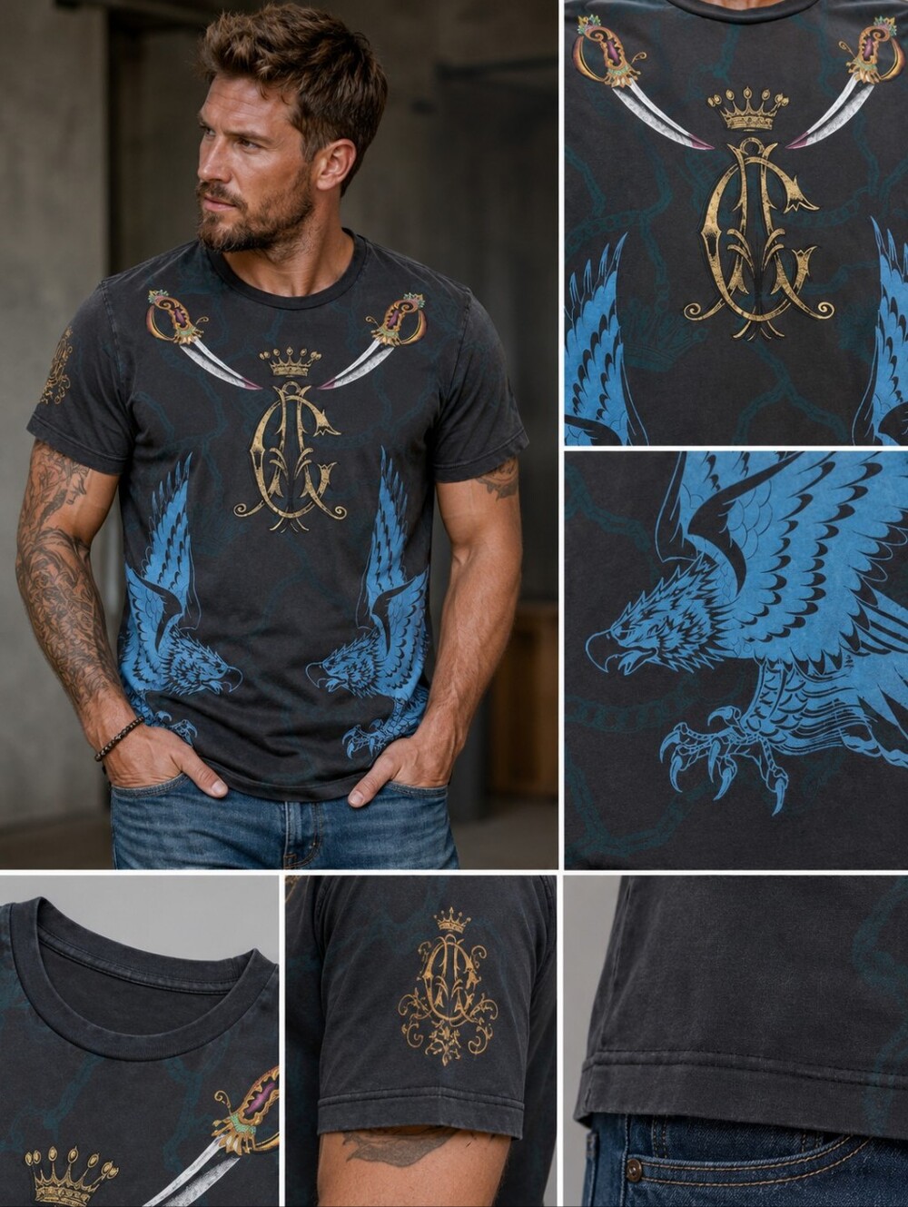 Christian Audigier Mens XXL Graphic T-Shirt Grey Blue Eagle Dagger Gold Foil Y2K